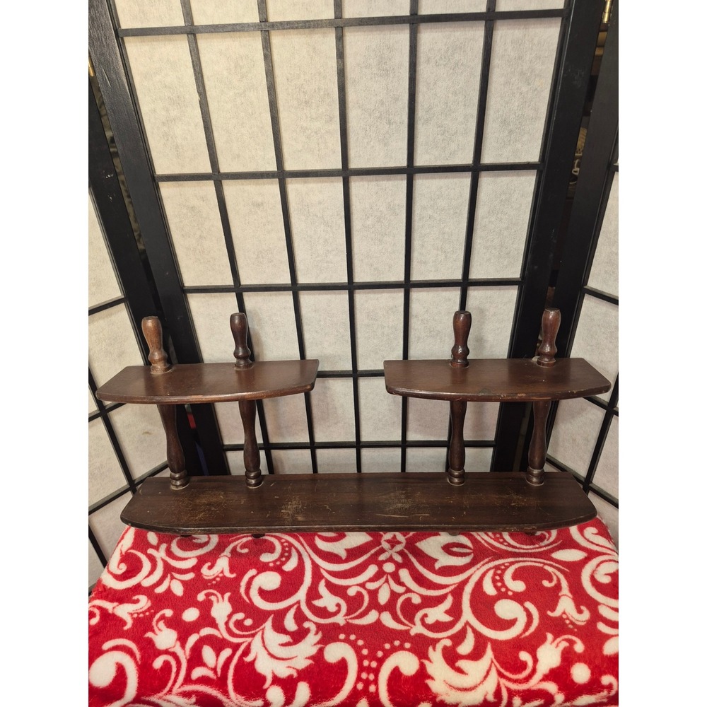 Vintage Dark Wood 3 Tier Spindle Wall Shelf Rustic Colonial Display Rack diy cor